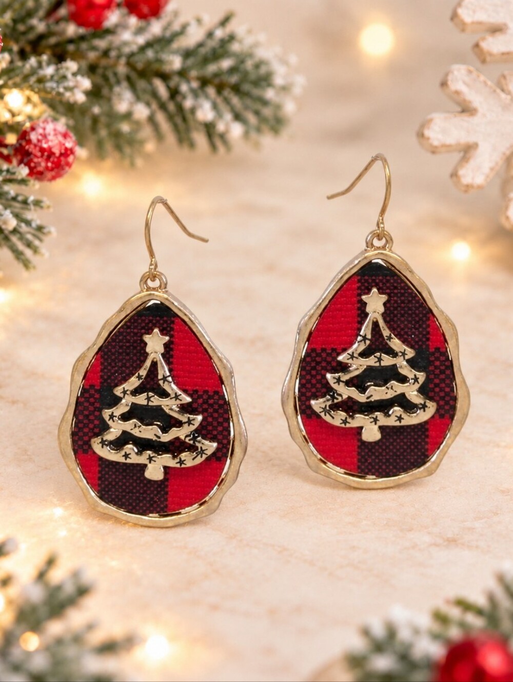 Gold Red Black Buffalo Plaid Christmas Tree Earrings Lumberjack Cabincore New
